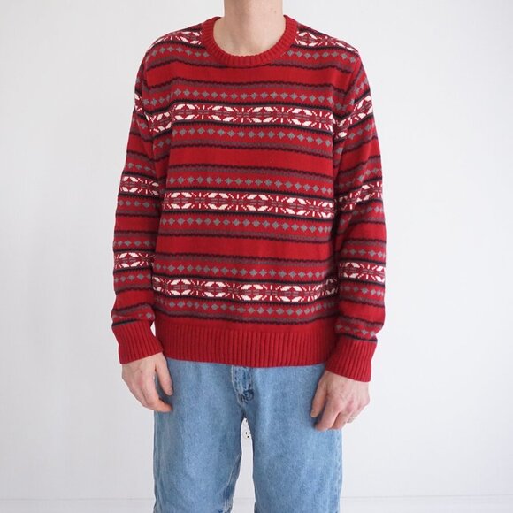 90s Dockers Maroon Black Eclectic Grandpa 100% Cotton Knit Crewneck Sweater L - Picture 1 of 9